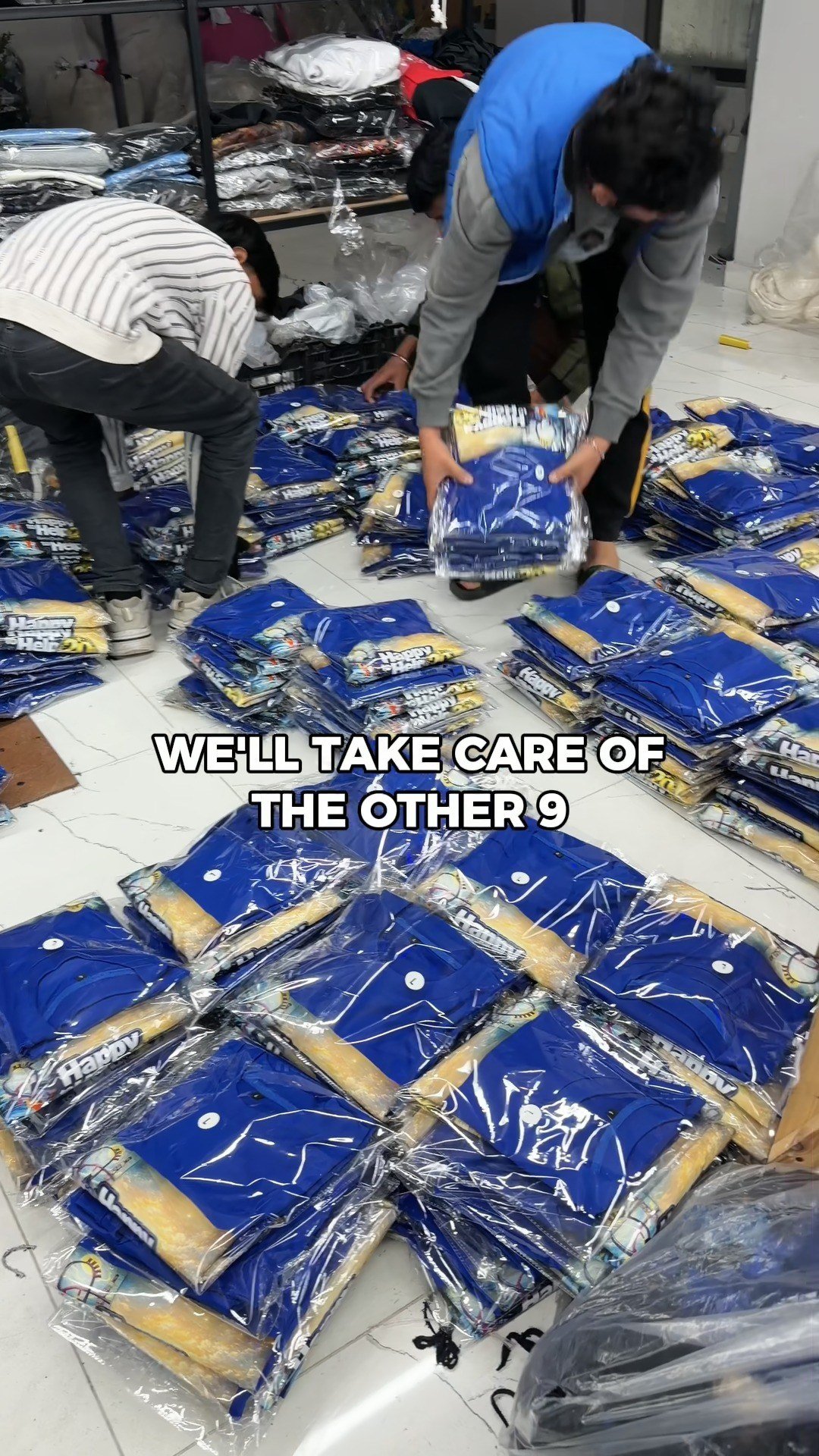 BigBee team packing custom blue garments