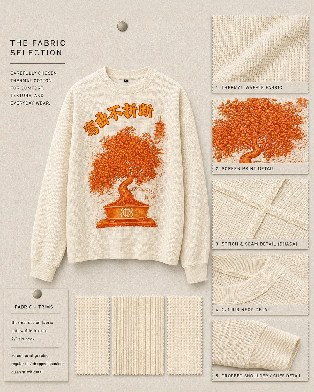 Thermal cotton sweatshirt fabric and construction details