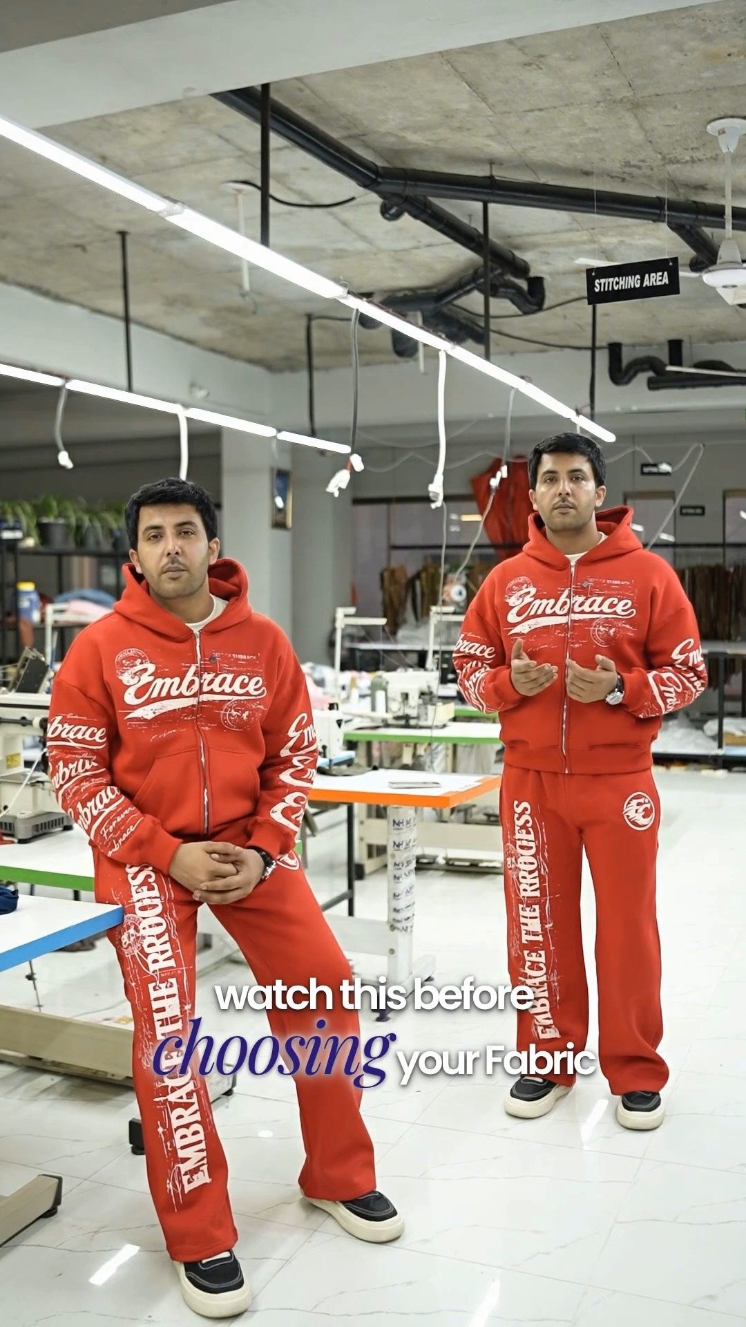 BigBee fabric comparison reel with red tracksuits