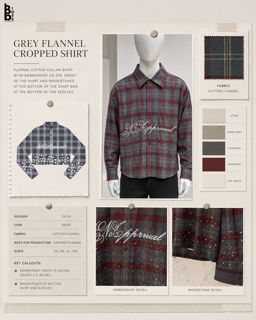 Grey flannel cropped shirt production details