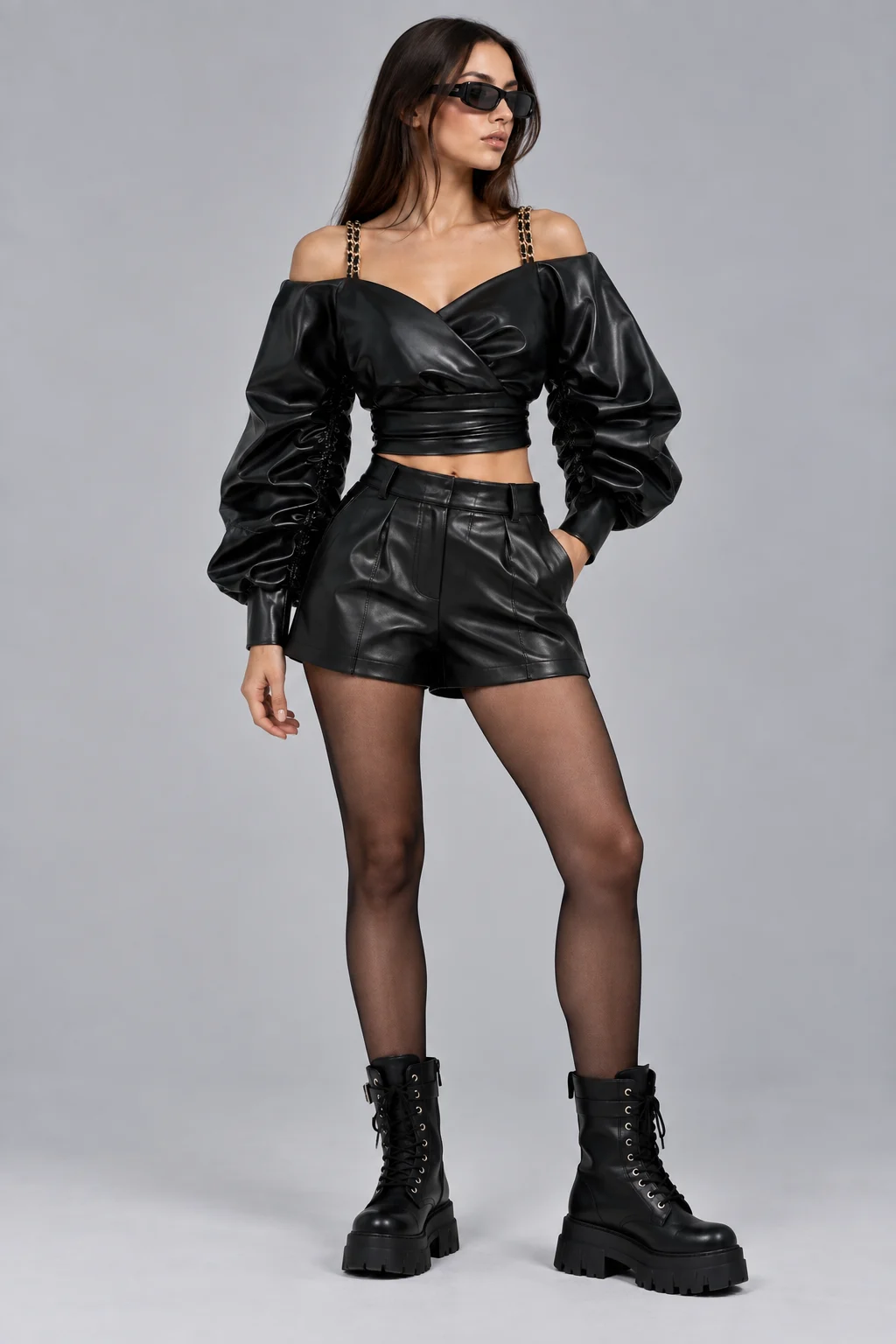 Custom Off-Shoulder Leather Crop Top by BigBee Apparels