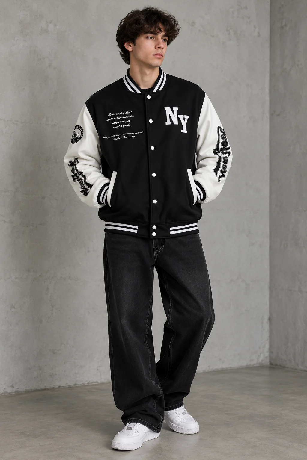 Model wearing a black and white classic graphic varsity jacket