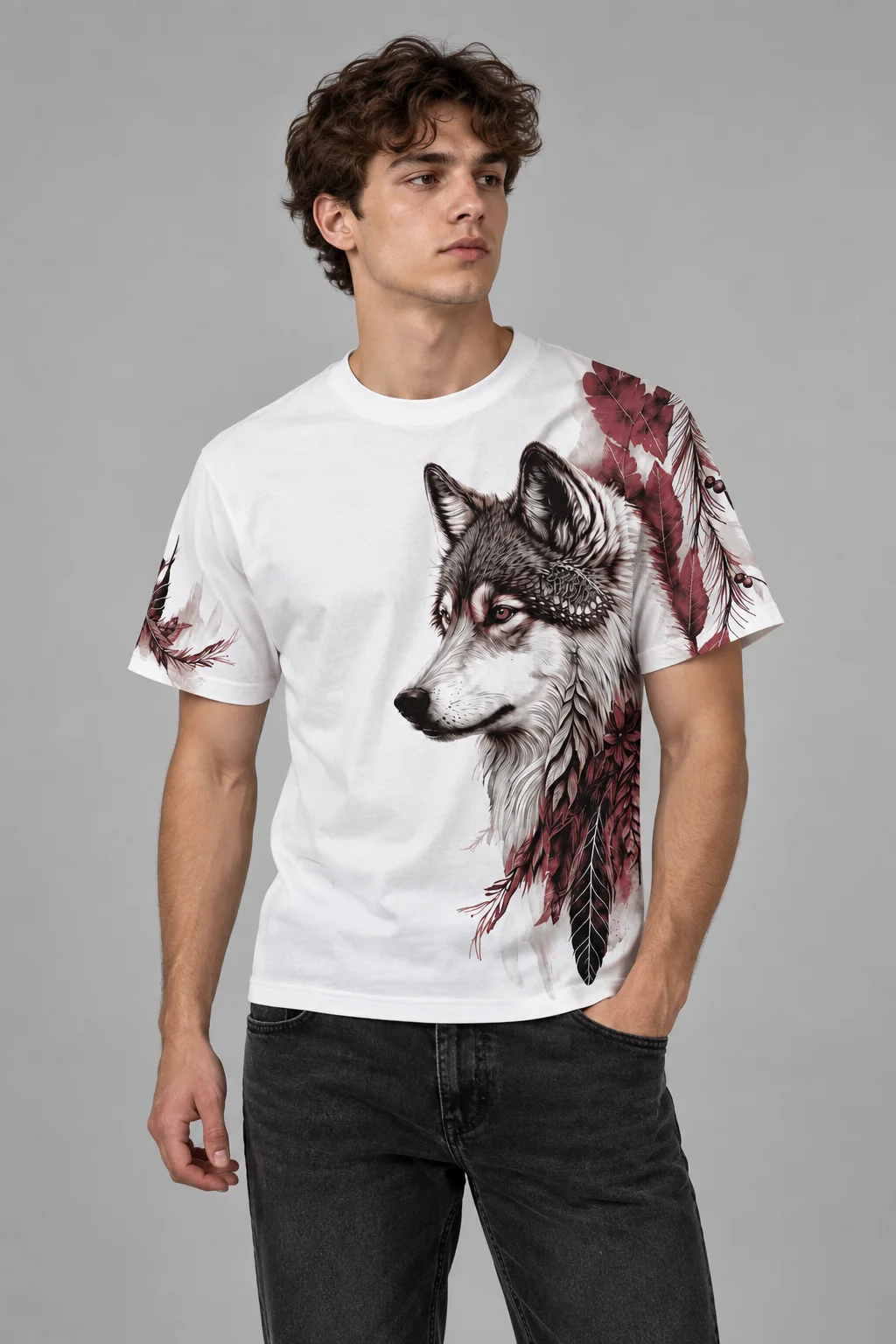 Model wearing a white custom wolf graphic T-shirt