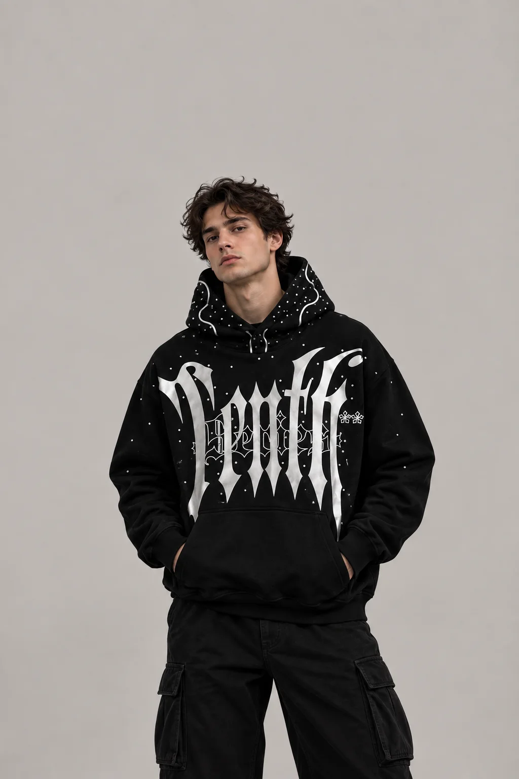 Model wearing a black heavyweight graphic pullover hoodie