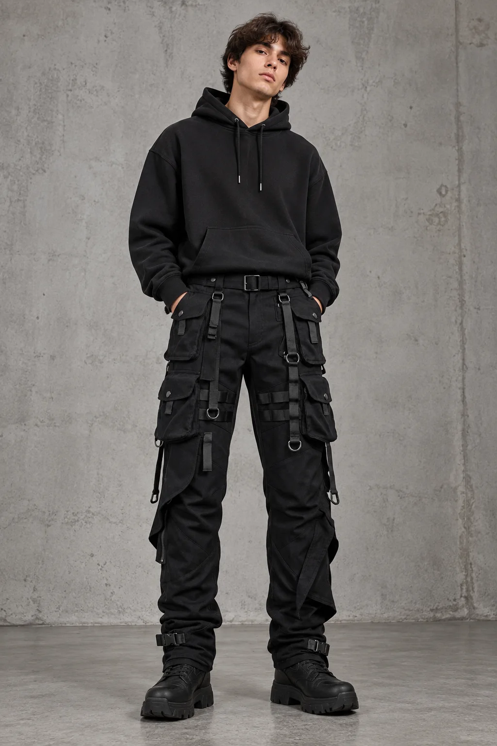 Model wearing black techwear multi-pocket cargo pants