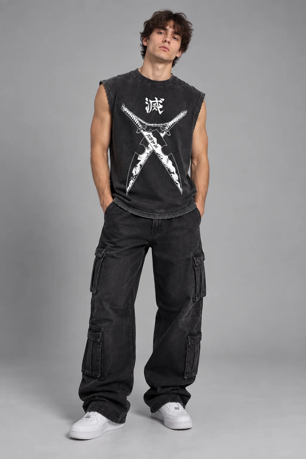 Model wearing a charcoal vintage samurai graphic tank top